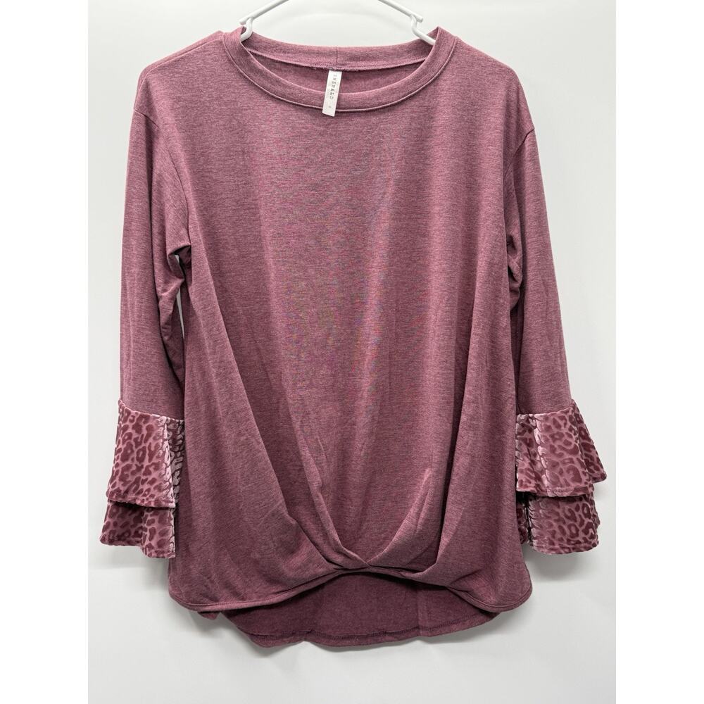 Emerald Mauve Twist Front Top Leopard Burnout Ruffle Sleeve Boho Small
